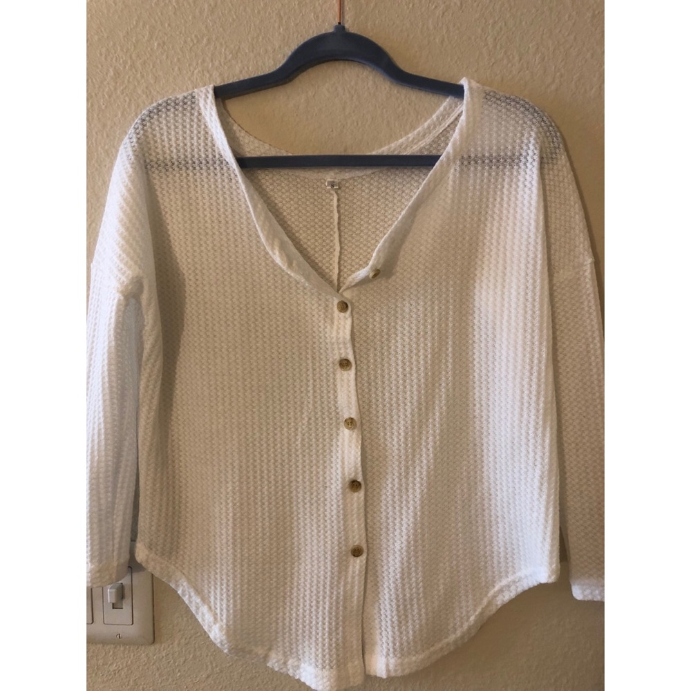 White Waffle Knit Button Down Top Size Small